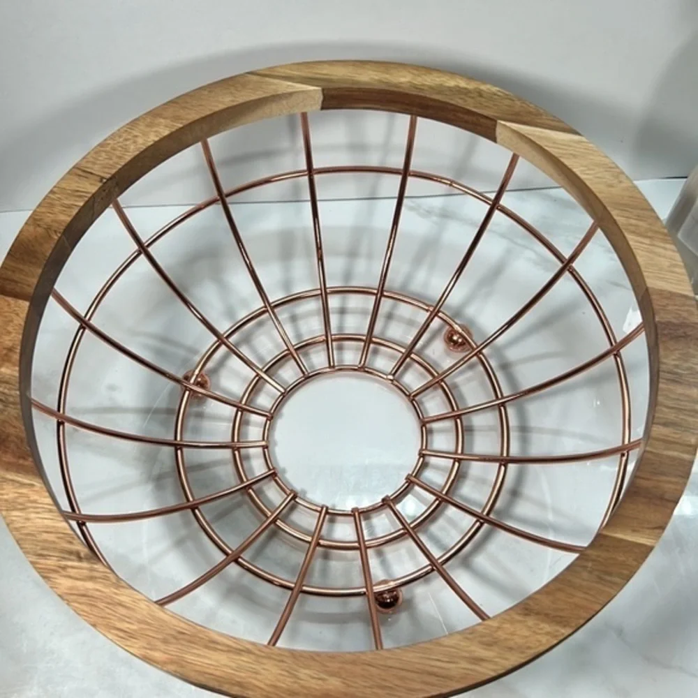 Acacia Wood and Wire‎ Fruit Basket with Copper Finish